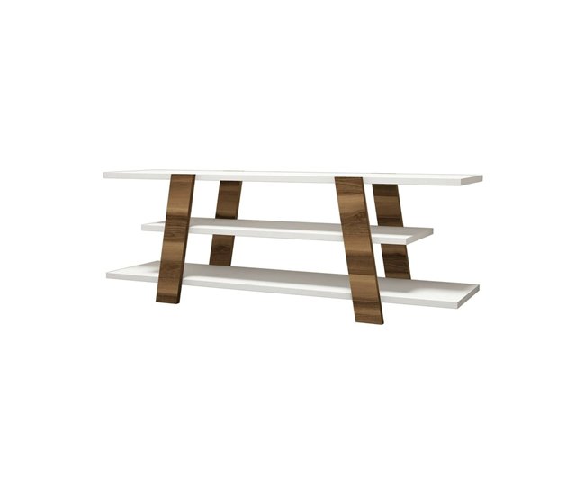 Conforama Mueble de televisión Doukhadd Aparador de salón Mueble bajo para TV Base de pared equipada 120x34h42 cm Nogal y Blanco