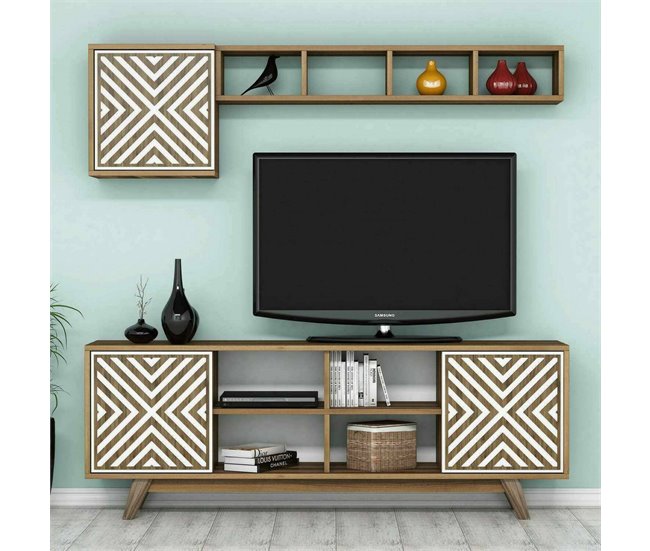 Conforama Mueble De Televisión Dpandolf Aparador De Salón Mueble Bajo Para TV Base De Pared Equipada 160x35h56 Cm Nogal Y Blanco