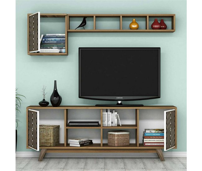 Conforama Mueble De Televisión Dpandolf Aparador De Salón Mueble Bajo Para TV Base De Pared Equipada 160x35h56 Cm Nogal Y Blanco