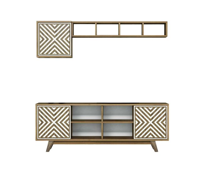Conforama Mueble de televisión Dpandolf Aparador de salón Mueble bajo para TV Base de pared equipada 160x35h56 cm Nogal y Blanco