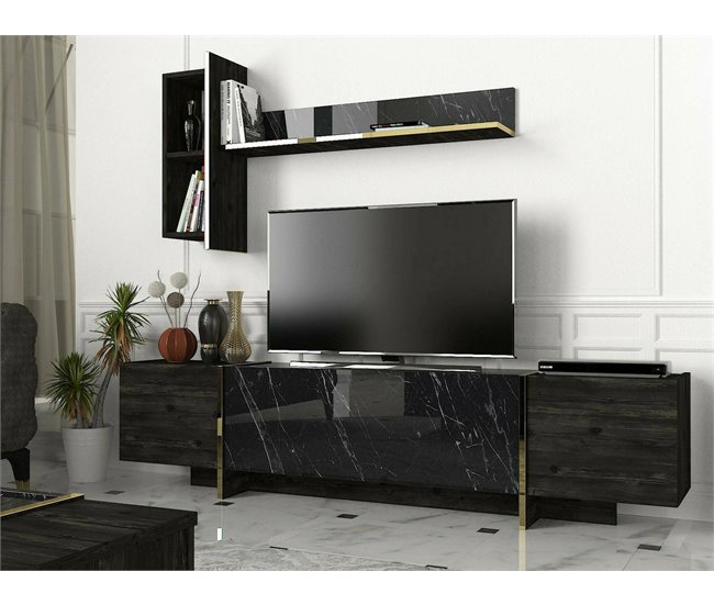 Conforama Mueble De Televisión Dpascutt Aparador De Salón Mueble Bajo Para TV Base De Pared Equipada 180x32h45 Cm Negro Y Oro
