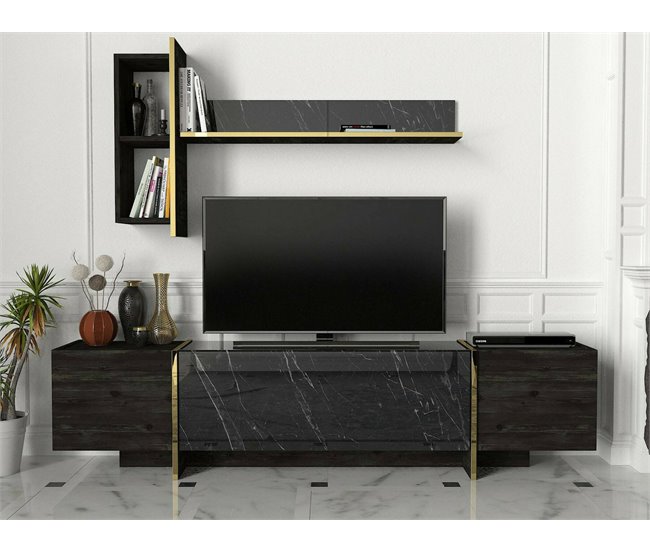 Conforama Mueble De Televisión Dpascutt Aparador De Salón Mueble Bajo Para TV Base De Pared Equipada 180x32h45 Cm Negro Y Oro