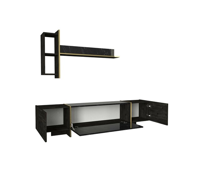 Conforama Mueble de televisión Dpascutt Aparador de salón Mueble bajo para TV Base de pared equipada 180x32h45 cm Negro y Oro