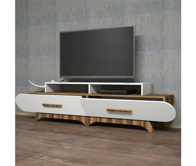 Conforama Mueble De Televisión Dpereyr Aparador De Salón Mueble Bajo Para TV Base De Pared Equipada 205x37h50 Cm Nogal Y Blanco