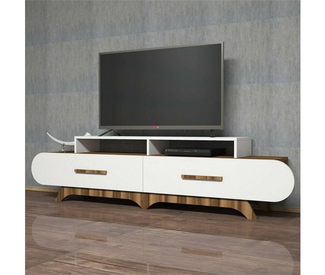 Conforama Mueble De Televisión Dpereyr Aparador De Salón Mueble Bajo Para TV Base De Pared Equipada 205x37h50 Cm Nogal Y Blanco