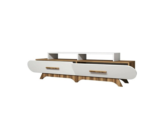 Conforama Mueble de televisión Dpereyr Aparador de salón Mueble bajo para TV Base de pared equipada 205x37h50 cm Nogal y Blanco