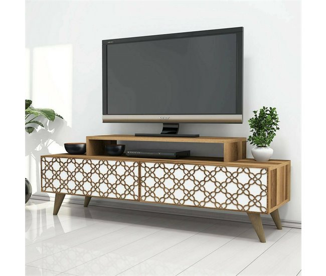 Conforama Mueble De Televisión Dpierobo Aparador De Salón Mueble Bajo Para TV Base De Pared Equipada 140x42h49 Cm Nogal Y Blanco