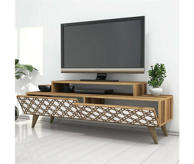 Conforama Mueble De Televisión Dpierobo Aparador De Salón Mueble Bajo Para TV Base De Pared Equipada 140x42h49 Cm Nogal Y Blanco