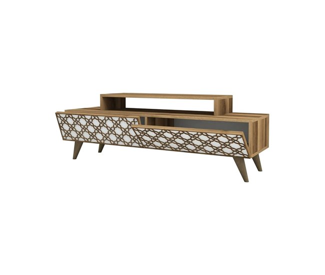 Conforama Mueble de televisión Dpierobo Aparador de salón Mueble bajo para TV Base de pared equipada 140x42h49 cm Nogal y Blanco