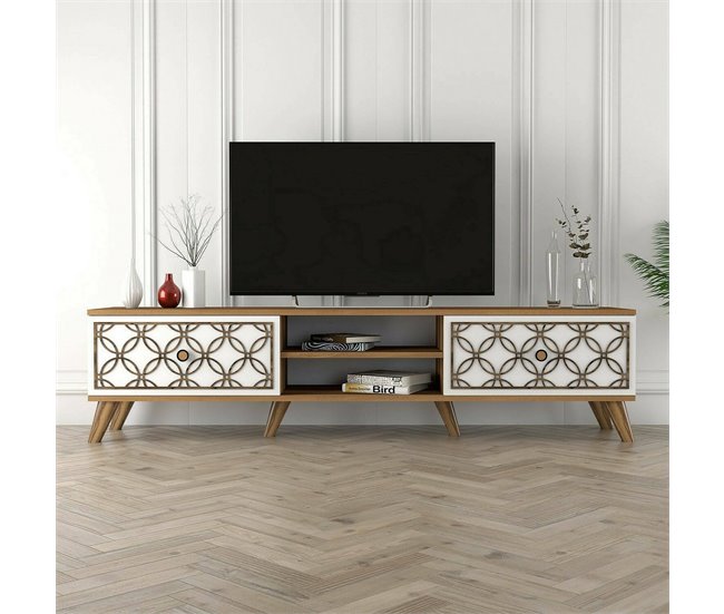 Conforama Mueble De Televisión Dpietr Aparador De Salón Mueble Bajo Para TV Base De Pared Equipada 180x35h44 Cm Nogal Y Blanco