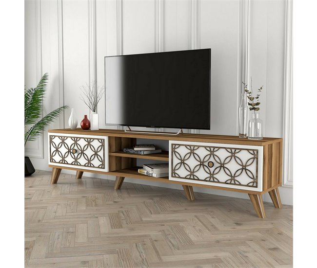 Conforama Mueble De Televisión Dpietr Aparador De Salón Mueble Bajo Para TV Base De Pared Equipada 180x35h44 Cm Nogal Y Blanco