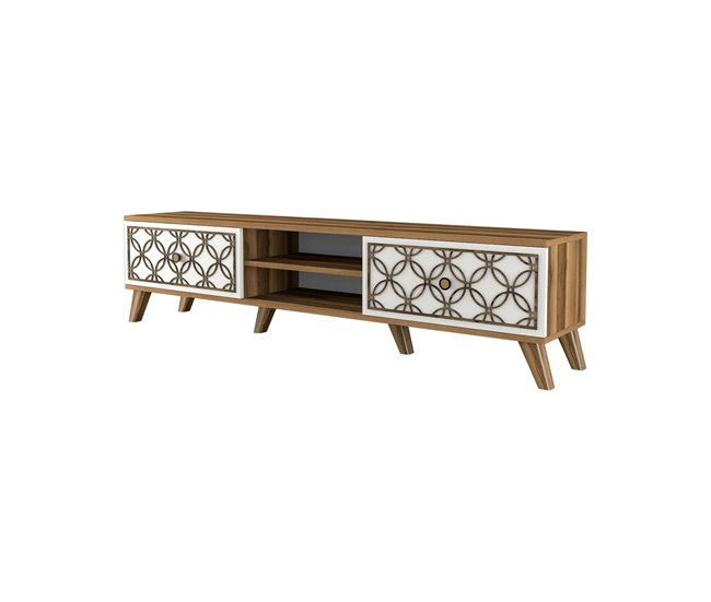 Conforama Mueble de televisión Dpietr Aparador de salón Mueble bajo para TV Base de pared equipada 180x35h44 cm Nogal y Blanco