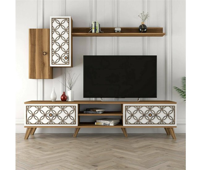 Conforama Mueble De Televisión Dpinzaut Aparador De Salón Mueble Bajo Para TV Base De Pared Equipada 180x35h44 Cm Nogal Y Blanco