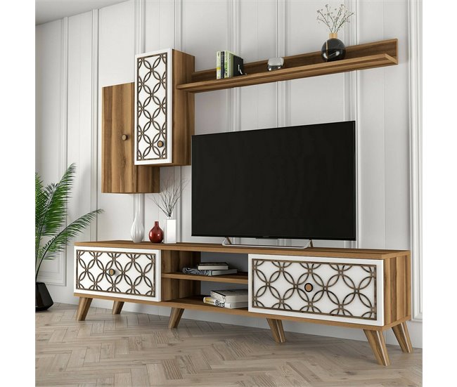 Conforama Mueble De Televisión Dpinzaut Aparador De Salón Mueble Bajo Para TV Base De Pared Equipada 180x35h44 Cm Nogal Y Blanco