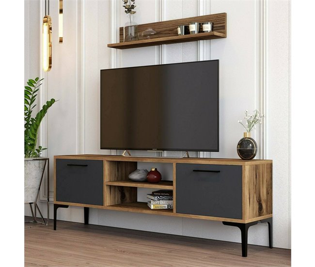 Conforama Mueble De Televisión Dpiston Aparador De Salón Mueble Bajo Para TV Base De Pared Equipada 140x30h48 Cm Nogal Y Antracita