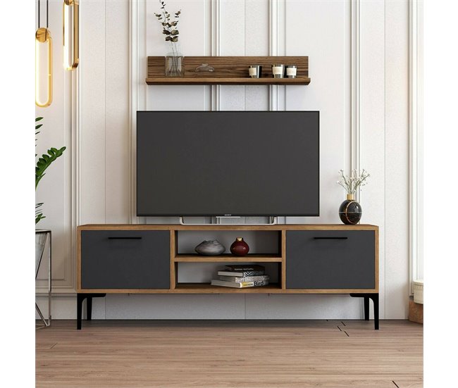 Conforama Mueble De Televisión Dpiston Aparador De Salón Mueble Bajo Para TV Base De Pared Equipada 140x30h48 Cm Nogal Y Antracita