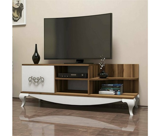 Conforama Mueble De Televisión Dporrin Aparador De Salón Mueble Bajo Para TV Base De Pared Equipada 130x45h51 Cm Nogal Y Blanco