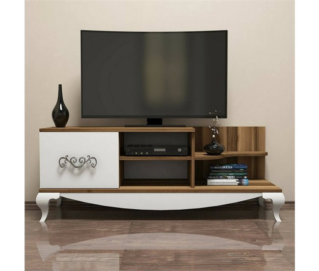 Conforama Mueble De Televisión Dporrin Aparador De Salón Mueble Bajo Para TV Base De Pared Equipada 130x45h51 Cm Nogal Y Blanco