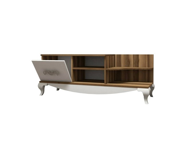 Conforama Mueble de televisión Dporrin Aparador de salón Mueble bajo para TV Base de pared equipada 130x45h51 cm Nogal y Blanco
