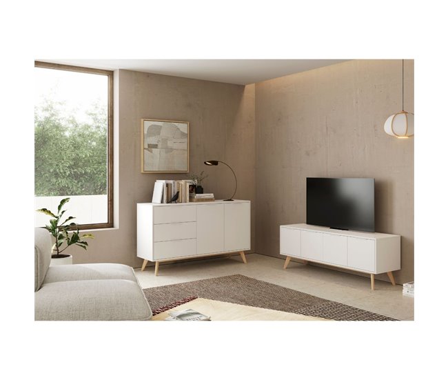 Conforama Mueble De TV 4 Puertas Blanco Y Pino Macizo L140 Cm - Campus