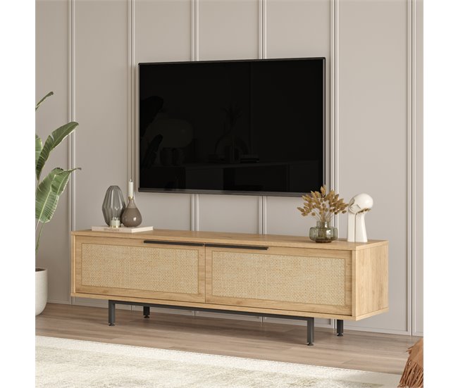 Conforama Mueble De TV Kvænangen Con 2 Puertas Aglomerado 160x35.5x45cm - Roble / Ratán [en.casa]