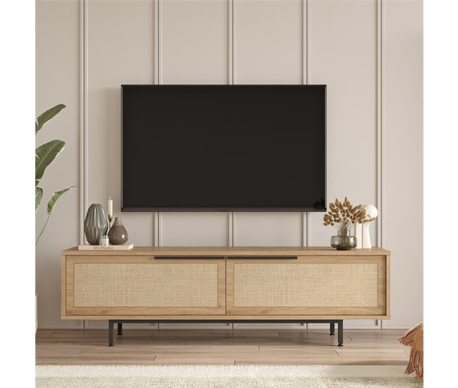 Conforama Mueble De TV Kvænangen Con 2 Puertas Aglomerado 160x35.5x45cm - Roble / Ratán [en.casa]