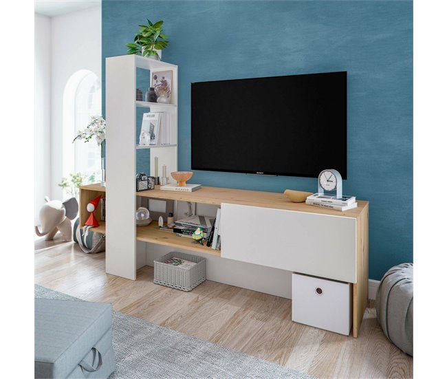 Conforama Mueble Para TV Dmurell Mueble Para TV Con 1 Puerta Mueble De Salón Con Librería Con 3 Estantes 178x43h136 Cm Roble Nudoso Y Blanco Brillante