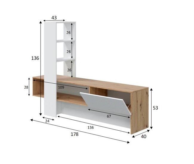 Conforama Mueble Para TV Dmurell Mueble Para TV Con 1 Puerta Mueble De Salón Con Librería Con 3 Estantes 178x43h136 Cm Roble Nudoso Y Blanco Brillante