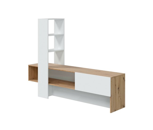 Conforama Mueble para TV Dmurell Mueble para TV con 1 puerta Mueble de salón con librería con 3 estantes 178x43h136 cm Roble Nudoso y Blanco Brillante