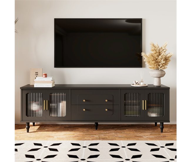 Conforama Mueble Para TV Moderno - Con Puertas De Ratán Y 2 Cajones - Patas De Metal - Negro