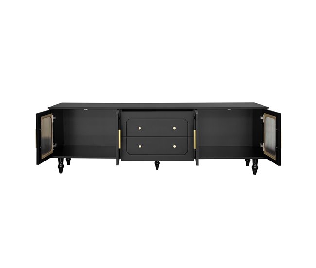 Conforama Mueble Para TV Moderno - Con Puertas De Ratán Y 2 Cajones - Patas De Metal - Negro