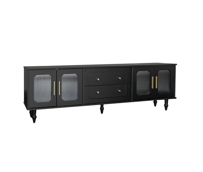 Conforama Mueble Para TV Moderno - Con Puertas De Ratán Y 2 Cajones - Patas De Metal - Negro