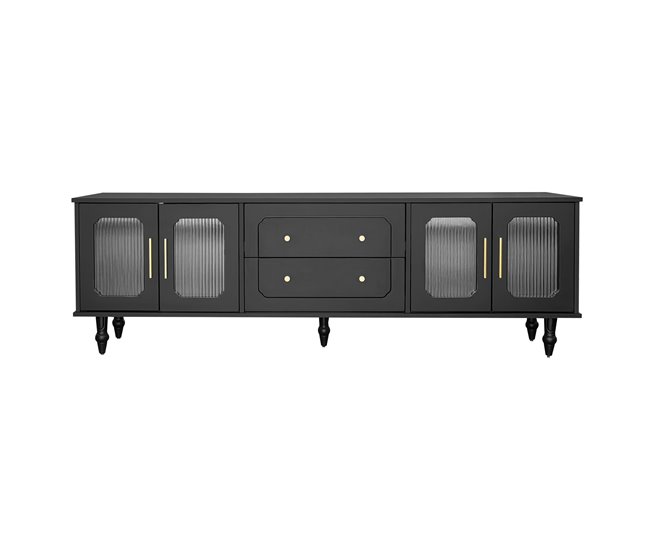 Conforama Mueble para TV moderno - con puertas de ratán y 2 cajones - patas de metal - Negro