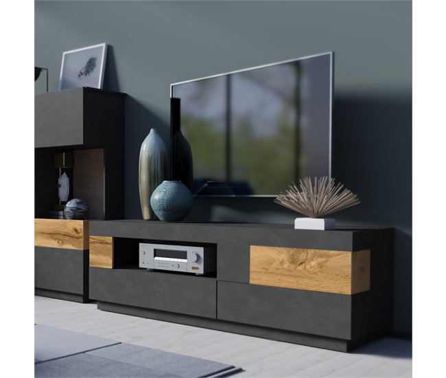 Conforama Mueble TV 1 Puerta 2 Cajones 160 Cm Andrea Gris Antracita Y Madera