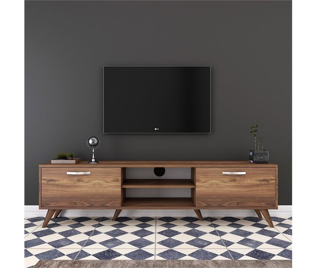 Conforama Mueble TV 2 Puertas Abatibles 2 Nichos Abiertos En El Medio Decorado En Madera De Nogal L180 Cm
