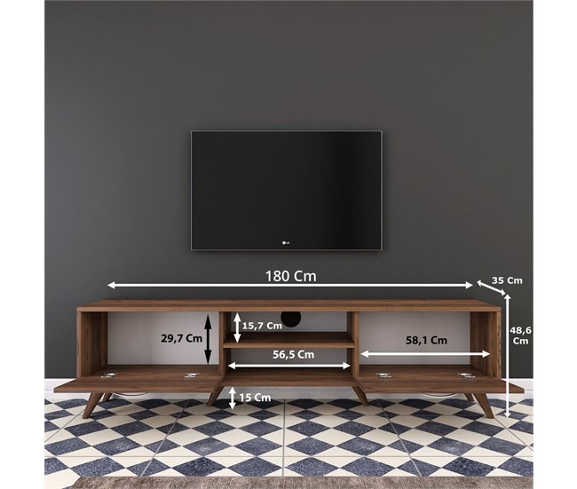 Conforama Mueble TV 2 Puertas Abatibles 2 Nichos Abiertos En El Medio Decorado En Madera De Nogal L180 Cm