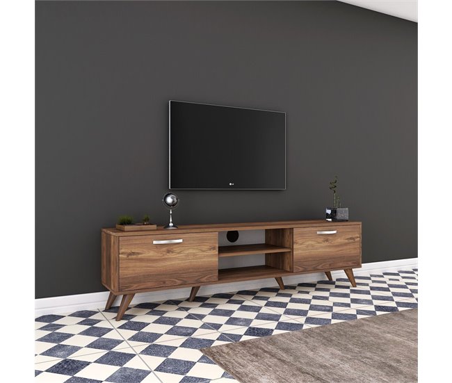 Conforama Mueble TV 2 Puertas Abatibles 2 Nichos Abiertos En El Medio Decorado En Madera De Nogal L180 Cm