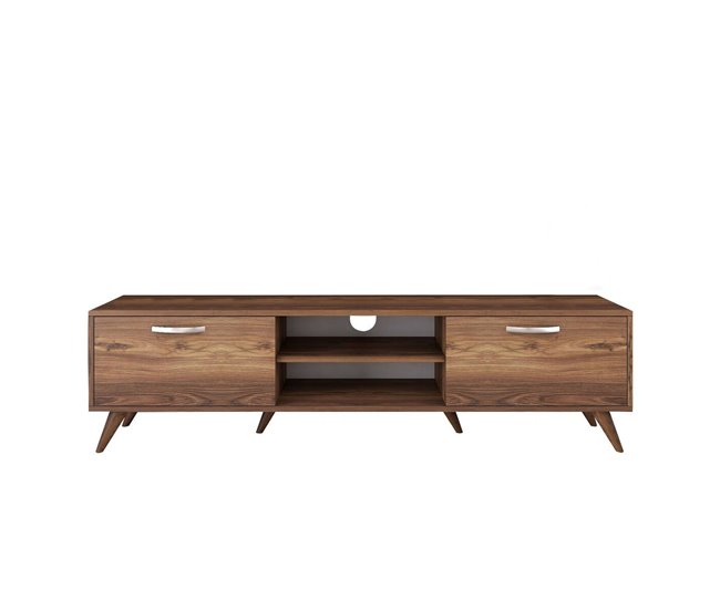 Conforama Mueble TV 2 puertas abatibles 2 nichos abiertos en el medio decorado en madera de nogal L180 cm