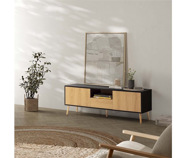 Conforama Mueble TV Apolo 1 Puerta 2 Cajones Color Negro/Madera