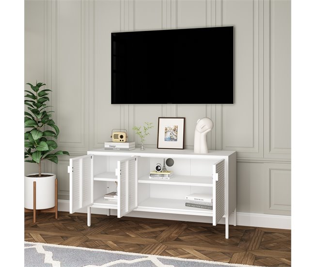 Conforama Mueble TV Castelli Con 3 Puertas Acero 114x40x60cm - Blanco [en.casa]