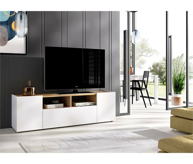 Conforama Mueble TV Dcotal Aparador Bajo De Salón Aparador De Salón Para Televisión 142x35h44 Cm Blanco Y Roble Nudo
