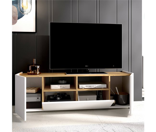 Conforama Mueble TV Dcotal Aparador Bajo De Salón Aparador De Salón Para Televisión 142x35h44 Cm Blanco Y Roble Nudo