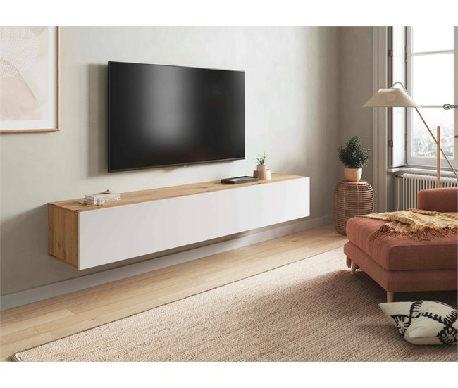 Conforama Mueble TV Dmussi Mueble TV 2 Puertas Mueble De Salón Suspendido 180x35h28 Cm Roble Nudoso Y Blanco