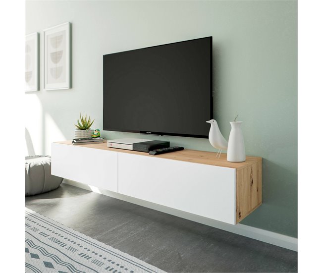 Conforama Mueble TV Dmussi Mueble TV 2 Puertas Mueble De Salón Suspendido 180x35h28 Cm Roble Nudoso Y Blanco