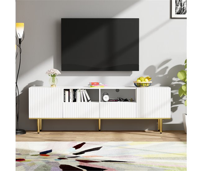Conforama Mueble Tv Moderno - Con 2 Puertas Y 2 Cajones - Patas De Metal - Blanco