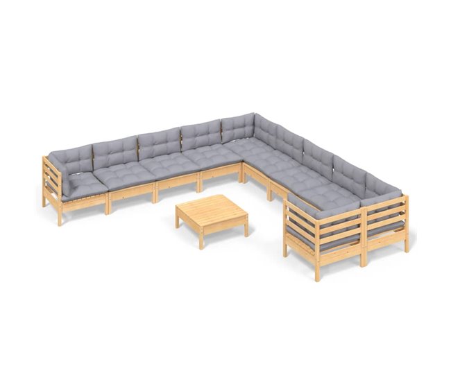 Conforama Muebles de jardin 11 piezas y cojines madera de pino gris