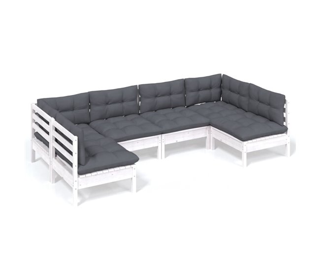 Conforama Muebles de jardin 6 piezas y cojines blanco madera maciza de pino