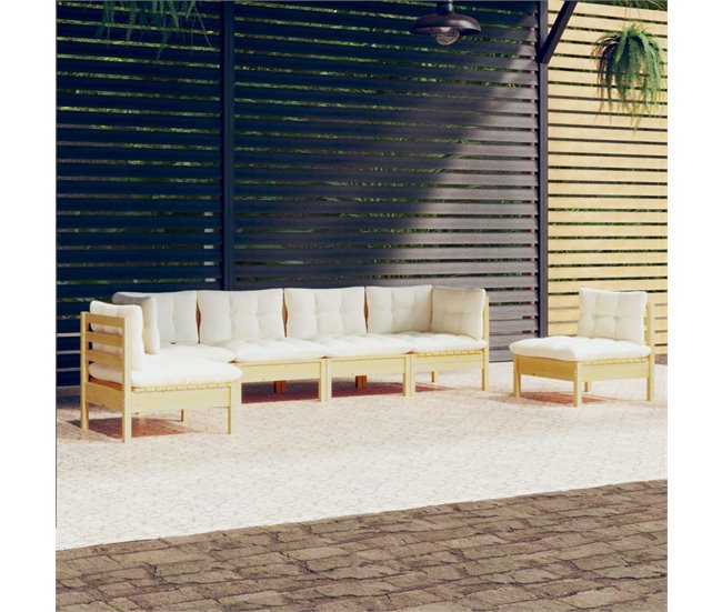 Conforama Muebles De Jardin 6 Piezas Y Cojines Madera Maciza De Pino Crema