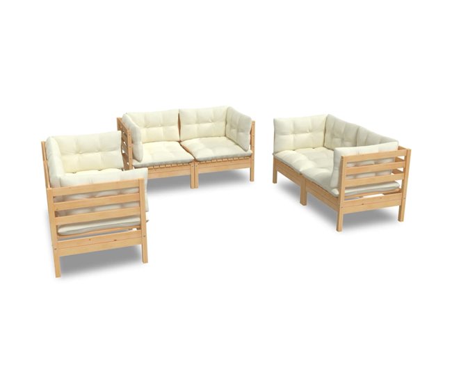 Conforama Muebles de jardin 6 piezas y cojines madera maciza de pino crema
