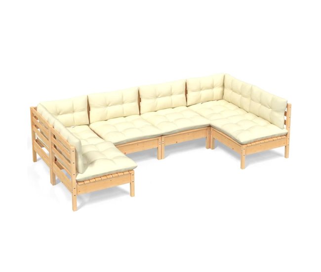 Conforama Muebles de jardin 6 piezas y cojines madera maciza de pino crema